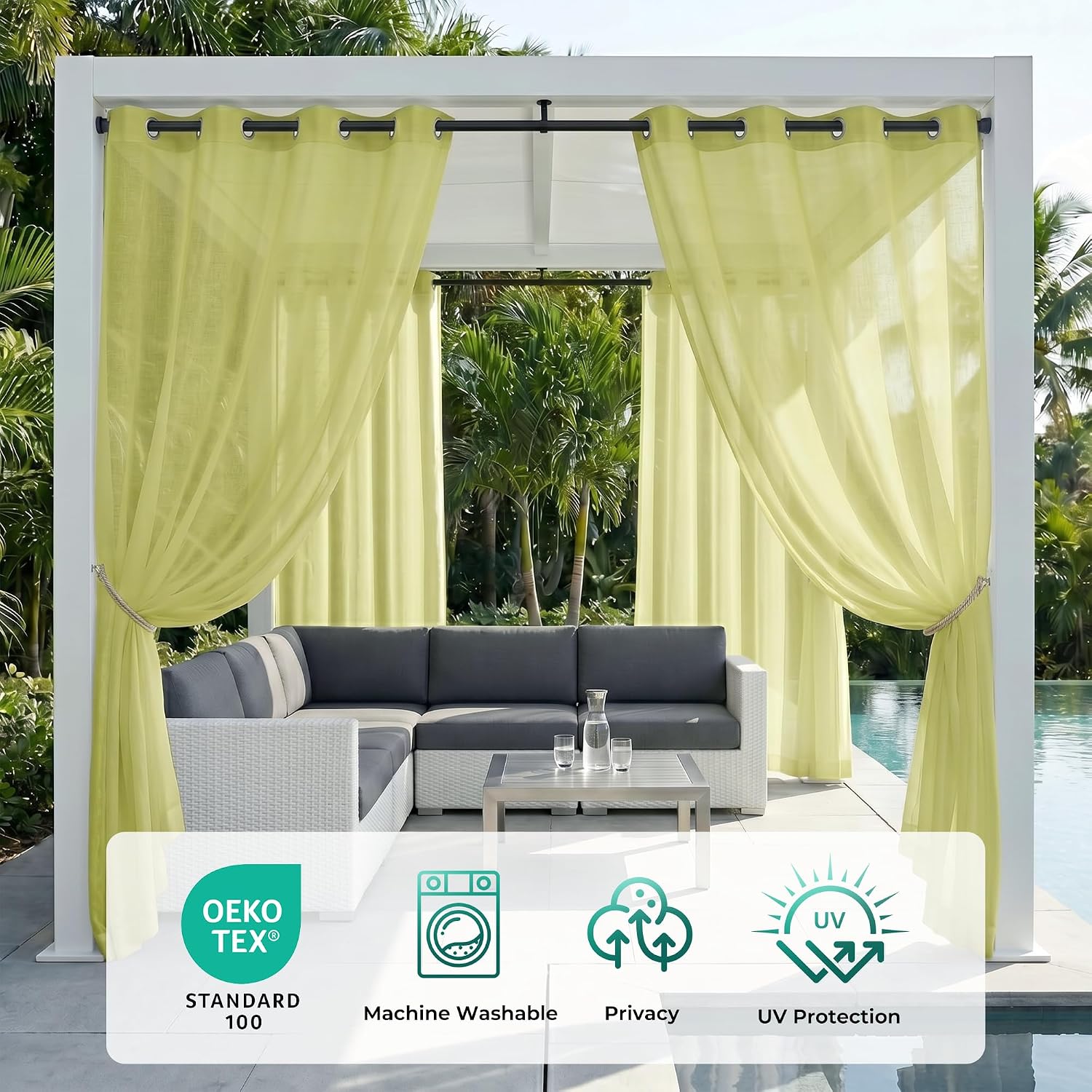 Four Kiwi Green Grommet Waterproof Outdoor Curtains
