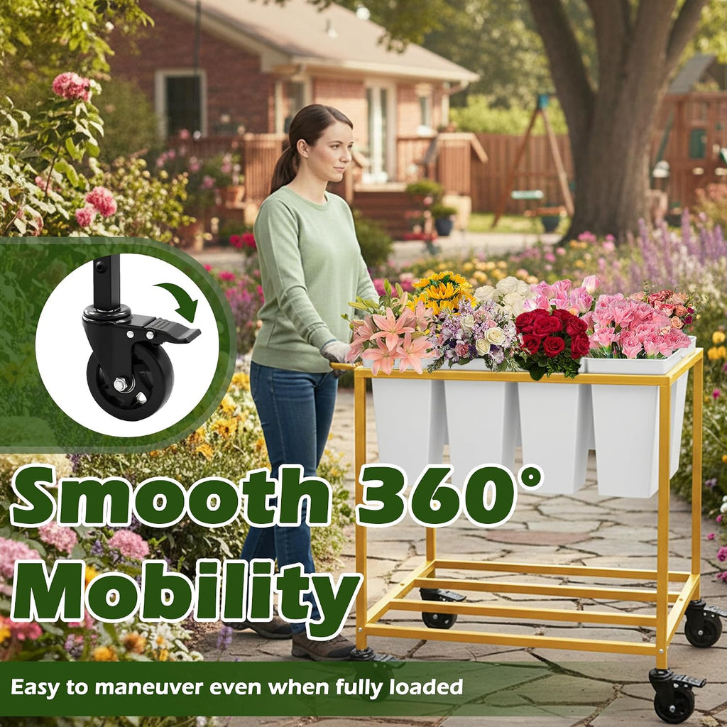 Gold Wheeled Flower Cart Stand With Eight Buckets