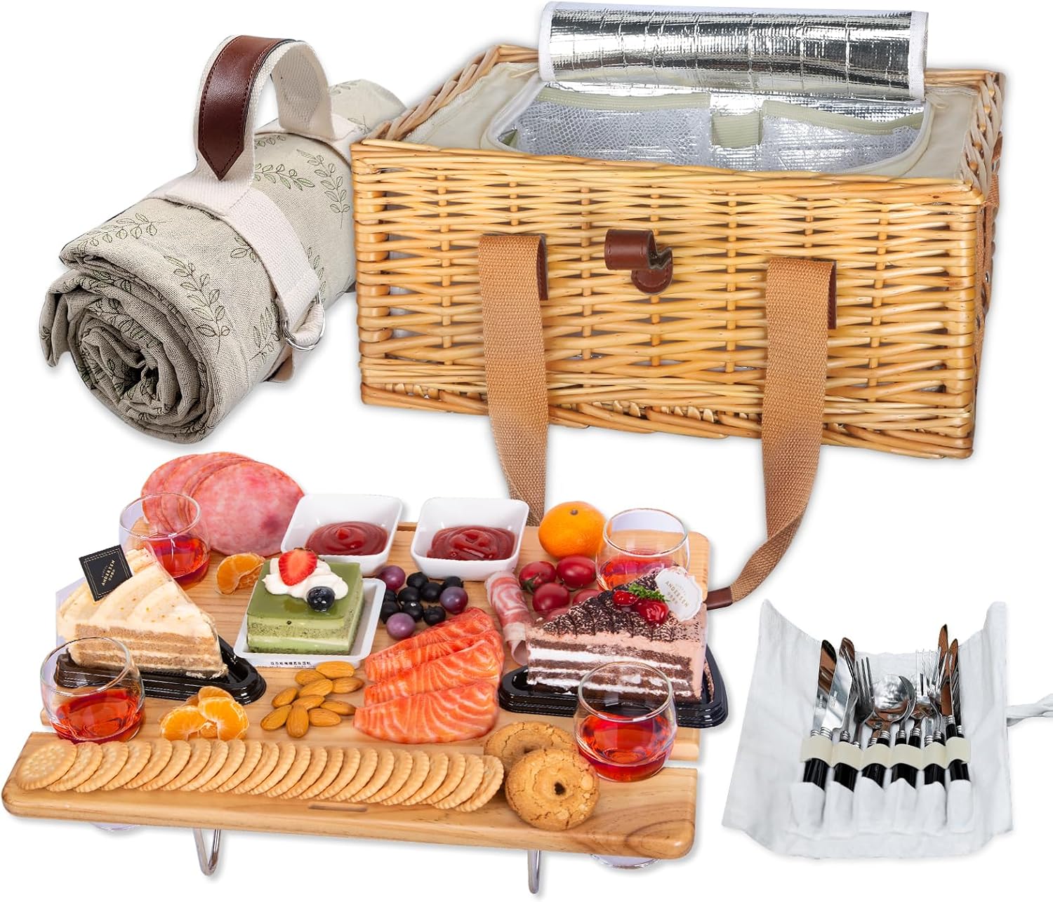 4 Person Wicker Picnic Basket Accessory Set