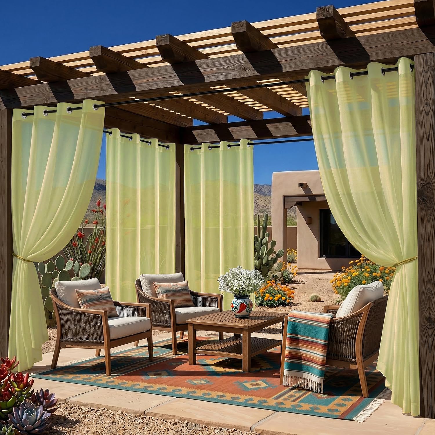 Four Kiwi Green Grommet Waterproof Outdoor Curtains
