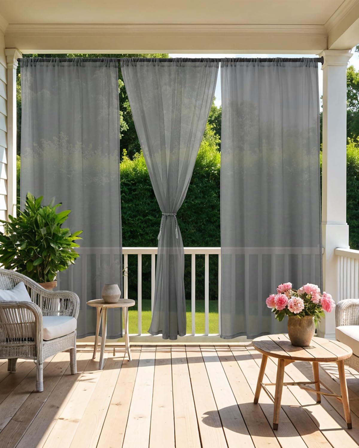 Six Grey Waterproof Rod Pocket Outdoor Sheer Curtains