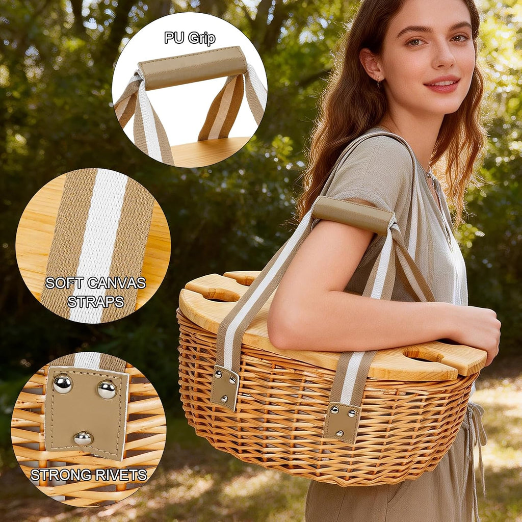 4 Person Beige Wicker Picnic Basket Set