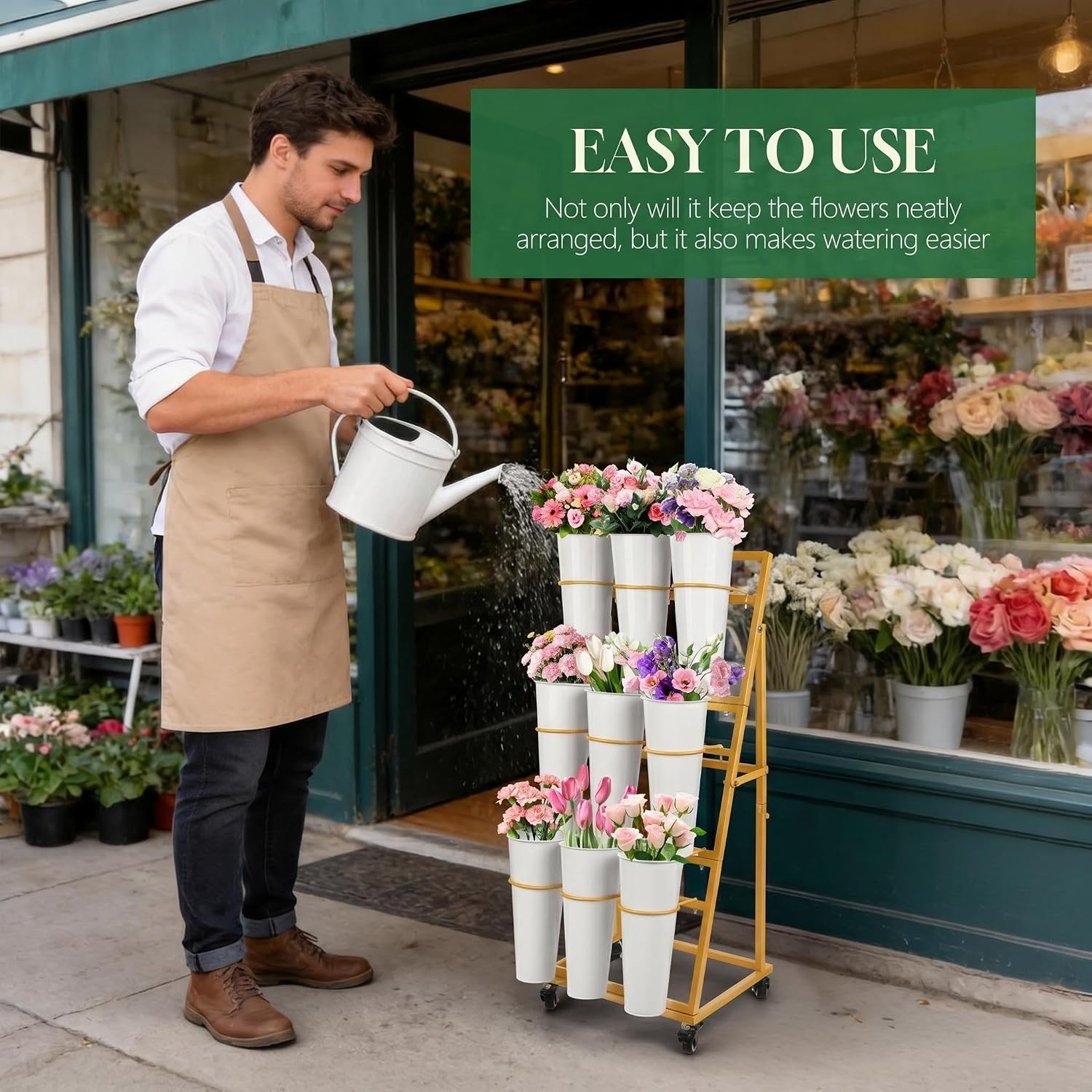 Gold Wheeled Nine Bucket Florist Flower Cart