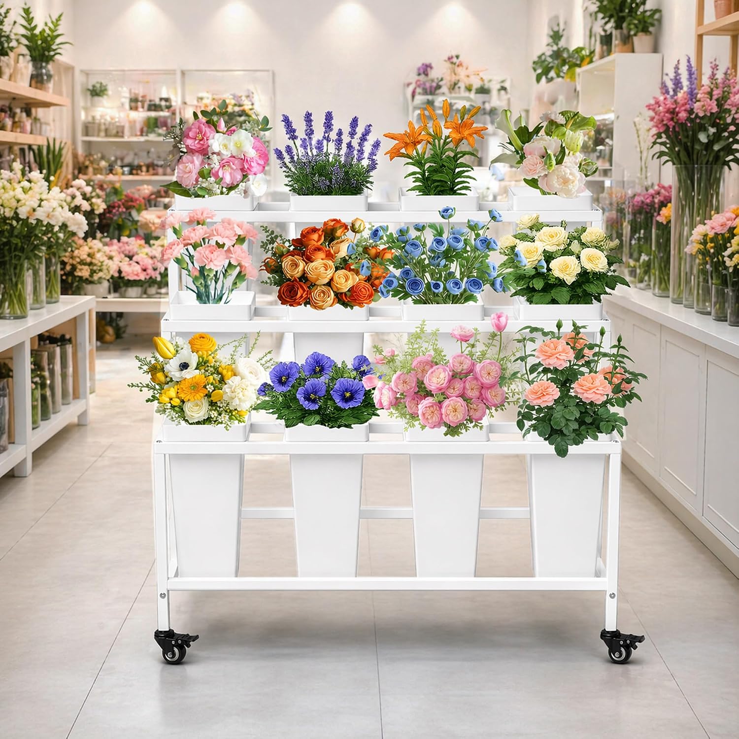 White 3-Tier Wheeled 12 Bucket Flower Cart