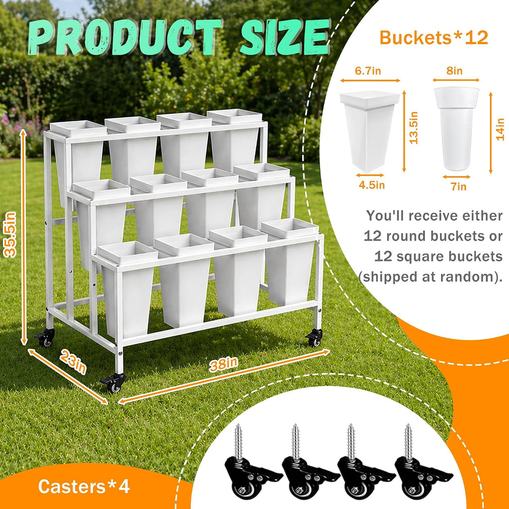 White 3-Tier Wheeled 12 Bucket Flower Cart