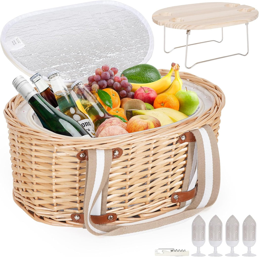 Four Person White Floral Wicker Picnic Set