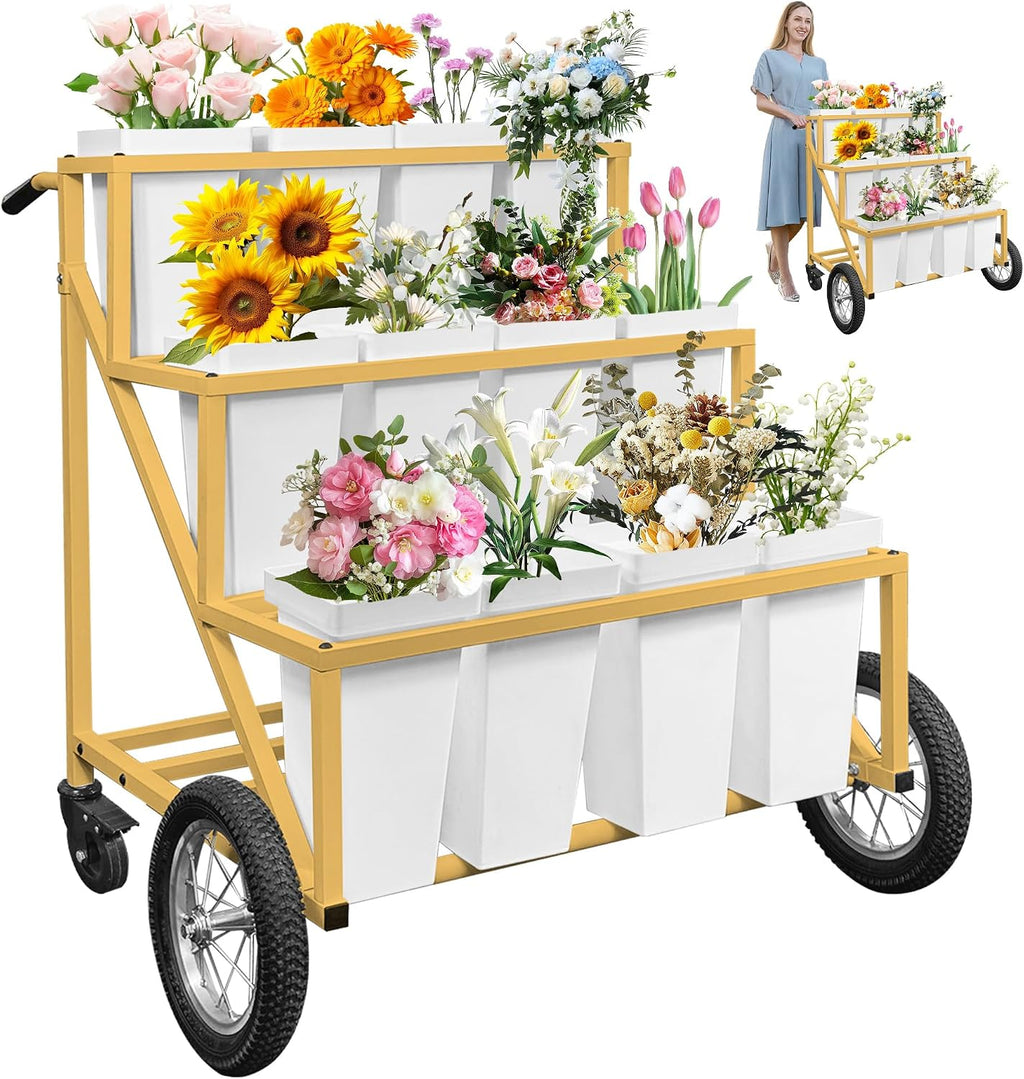 Gold Wheeled Twelve Bucket Florist Flower Cart