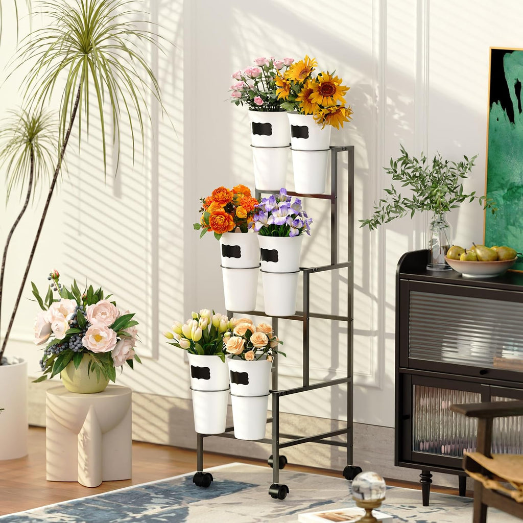 Black 3-Tier Wheeled Six Bucket Flower Cart