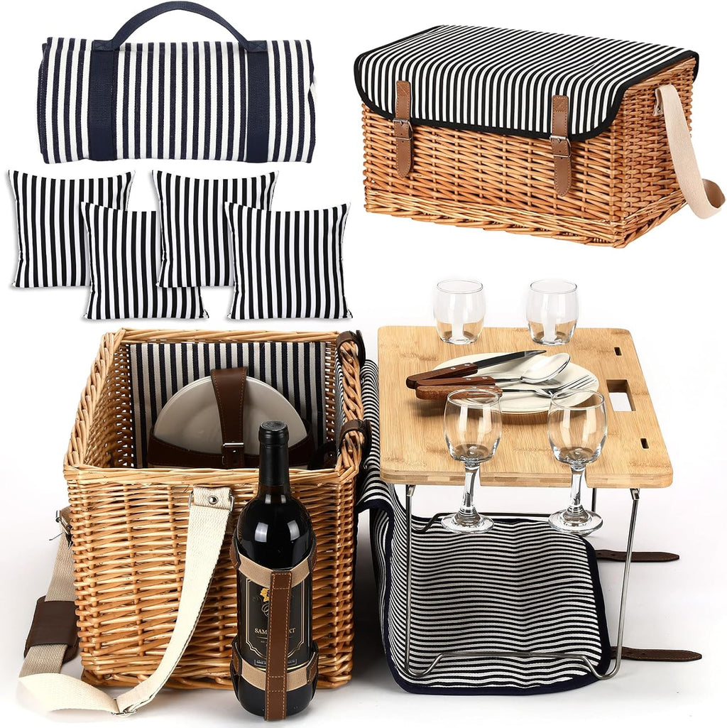 4 Person Wicker Picnic Basket Accessory Set