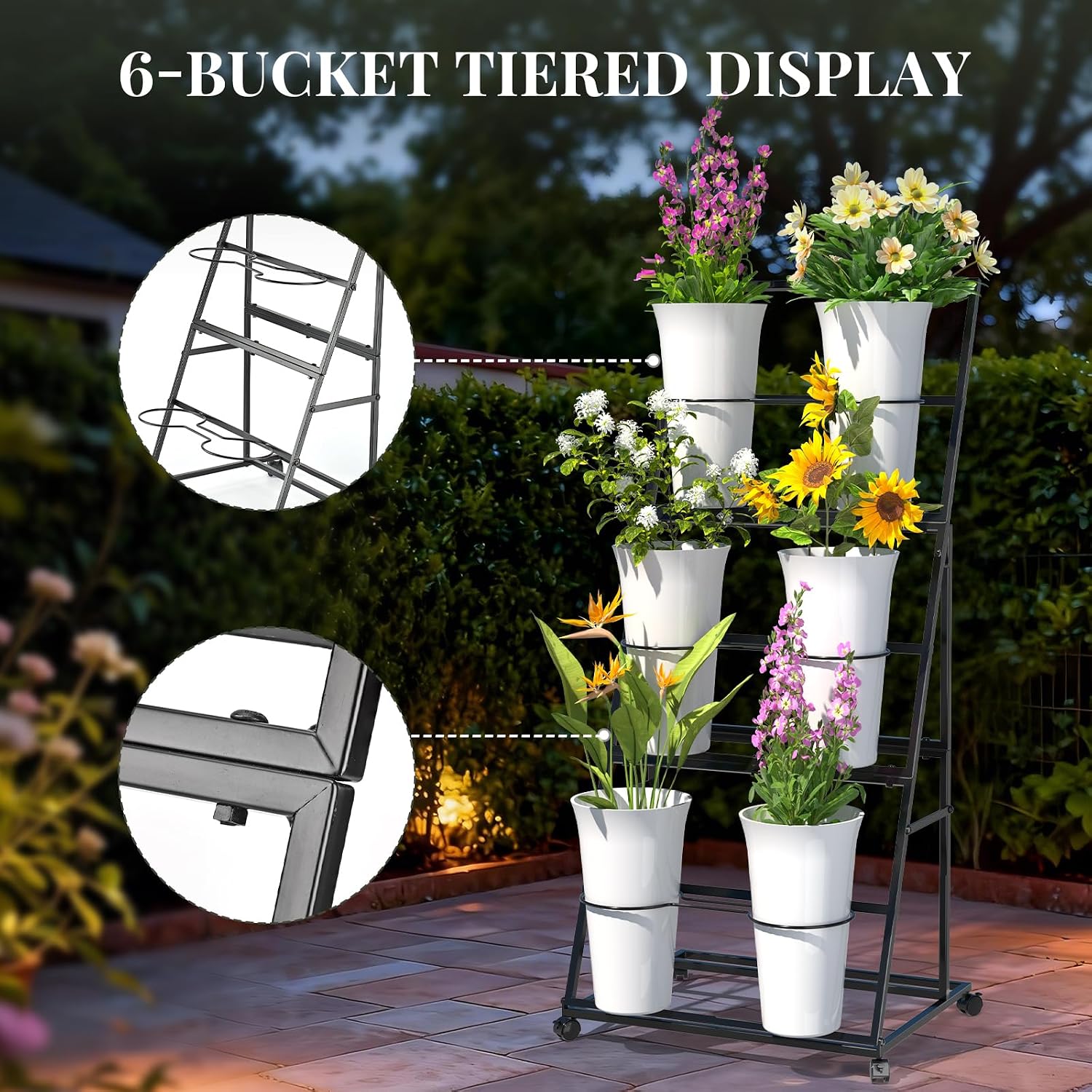 Black Three Tier Rolling Six Bucket Flower Cart