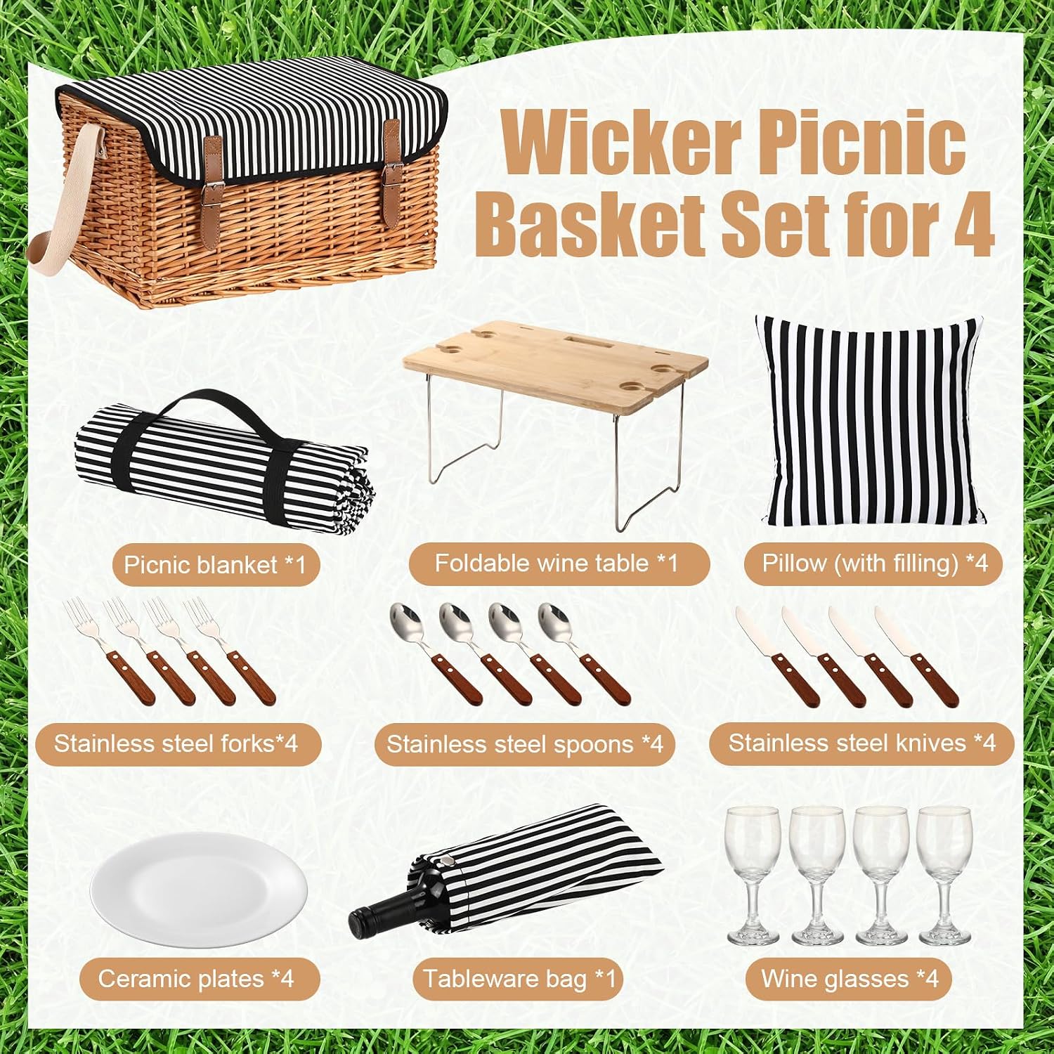 4 Person Wicker Picnic Basket Accessory Set