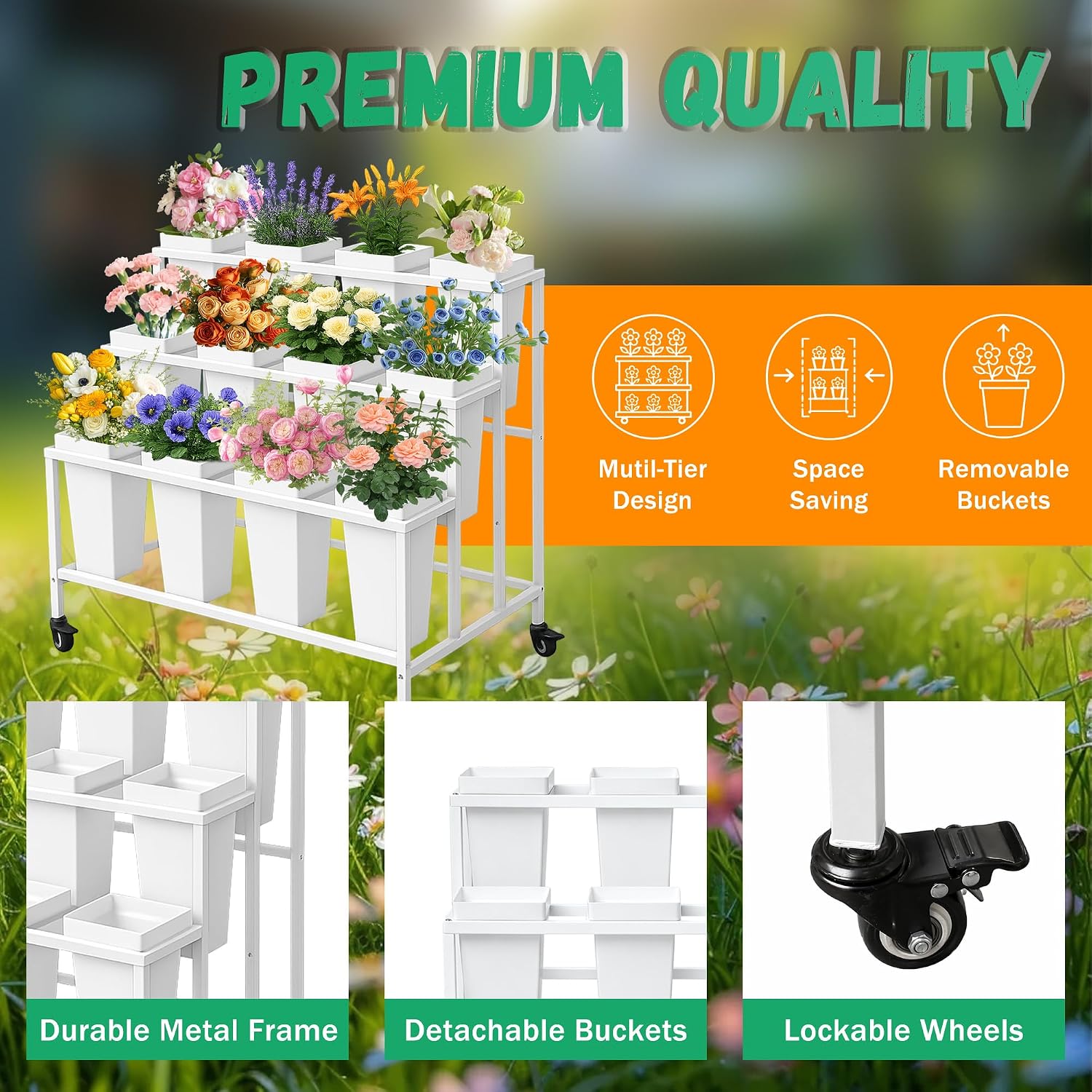 White 3-Tier Wheeled 12 Bucket Flower Cart
