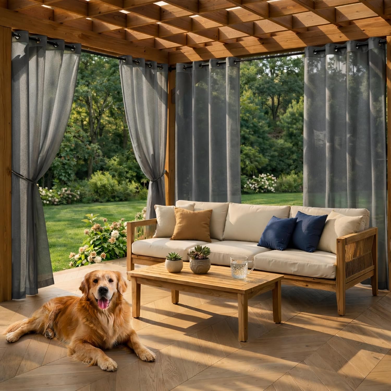 Waterproof Sheer Outdoor Grommet Curtains Four Panels