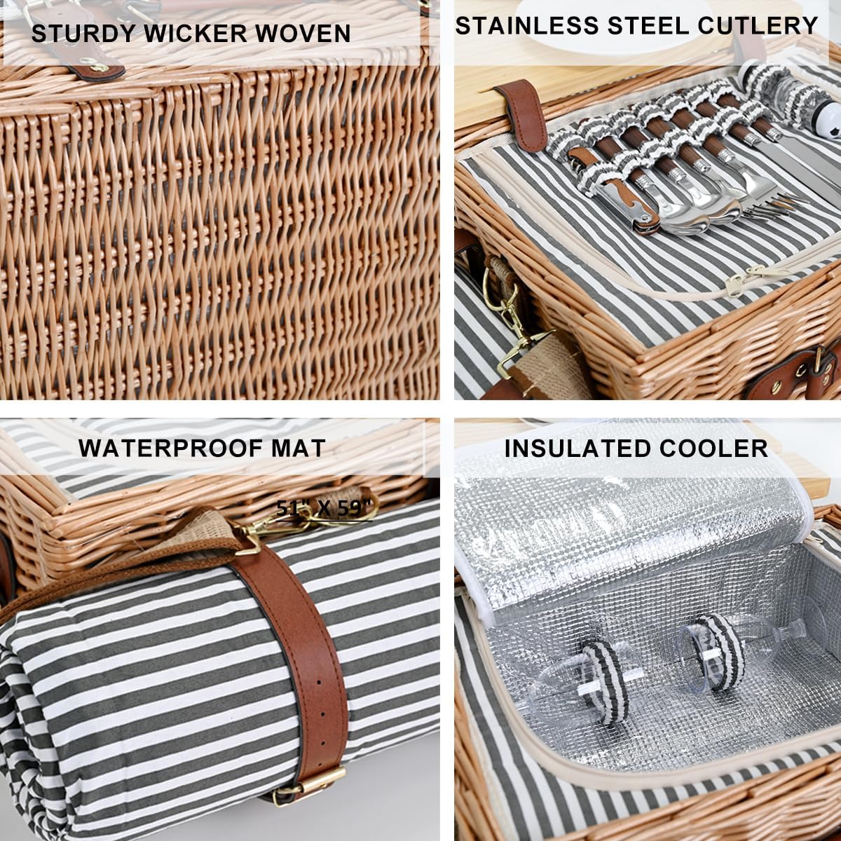 Two Person Striped Wicker Picnic Basket Set