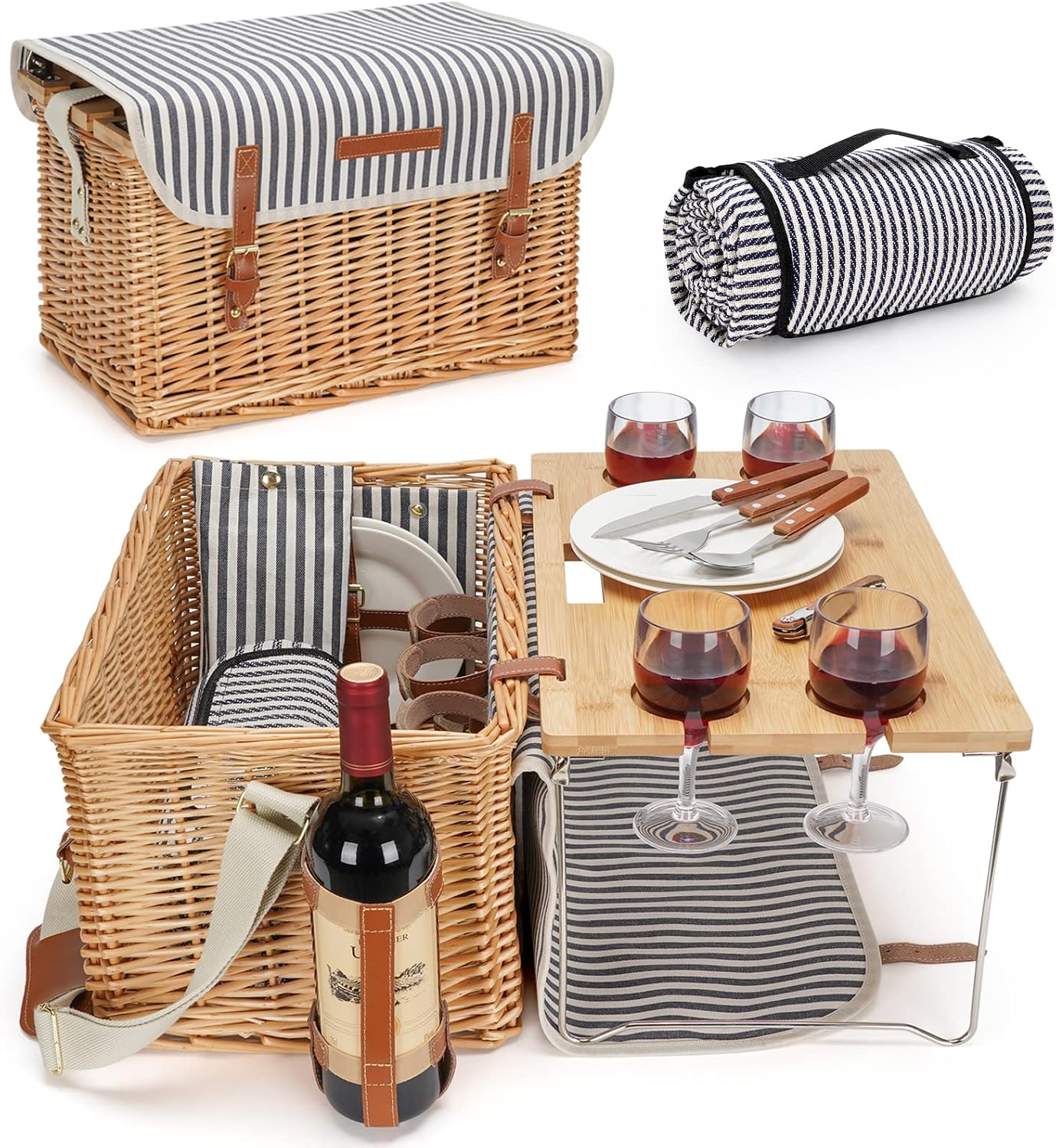 Four Person Striped Willow Picnic Basket Set