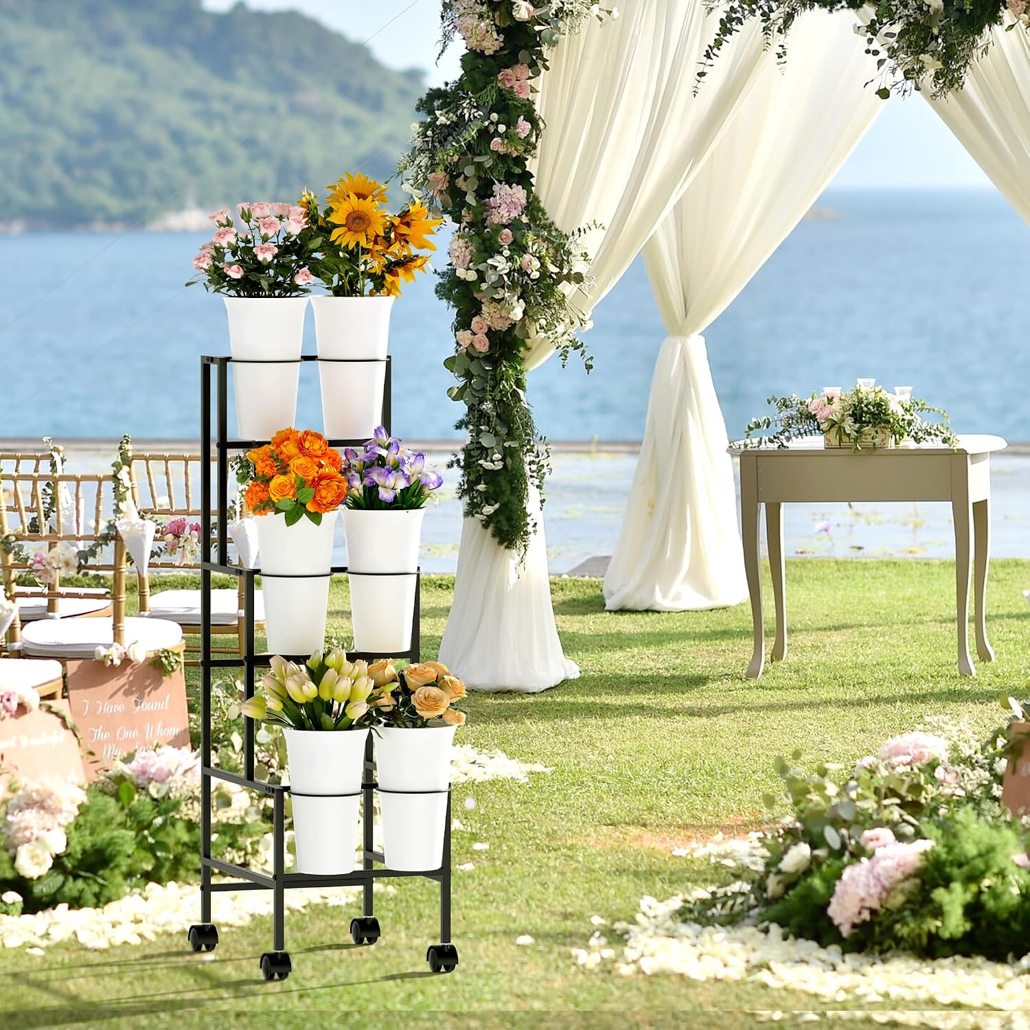 Black 3-Tier Wheeled Six Bucket Flower Cart