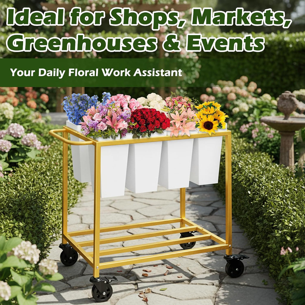 Gold Wheeled Flower Cart Stand With Eight Buckets