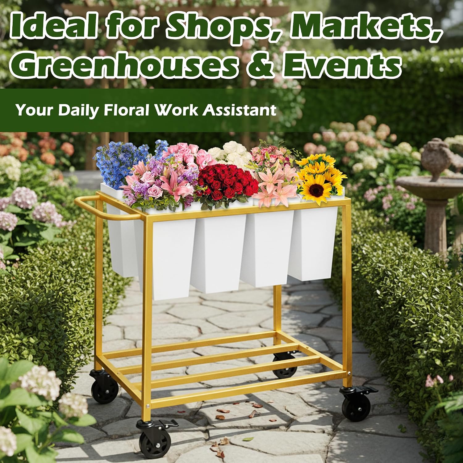 Gold Wheeled Flower Cart Stand With Eight Buckets