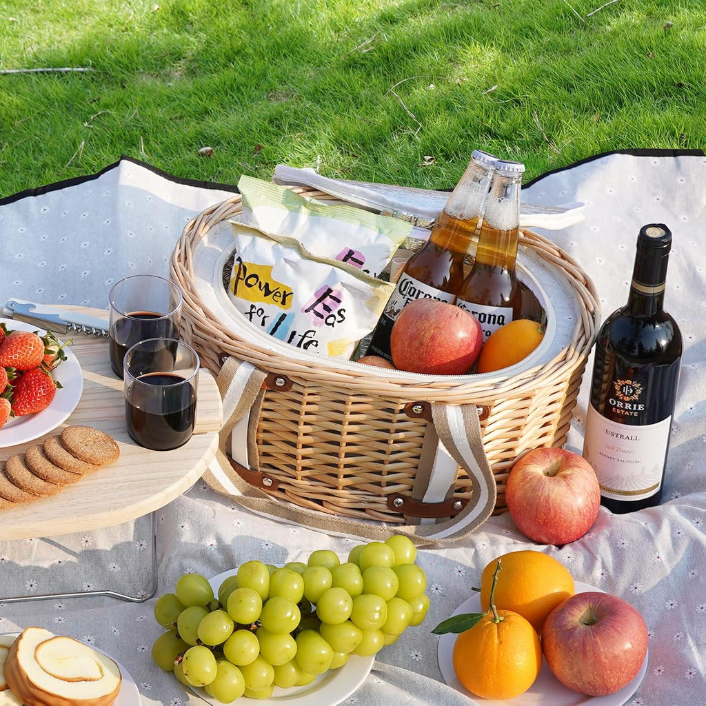 Four Person White Floral Wicker Picnic Set