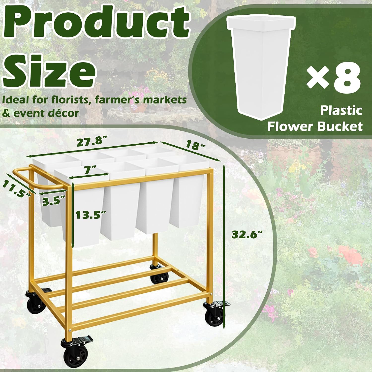 Gold Wheeled Flower Cart Stand With Eight Buckets