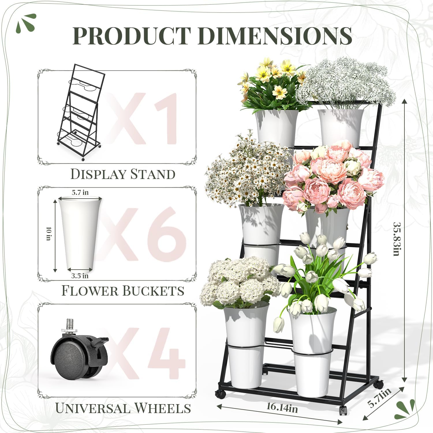 Black Three Tier Rolling Six Bucket Flower Cart