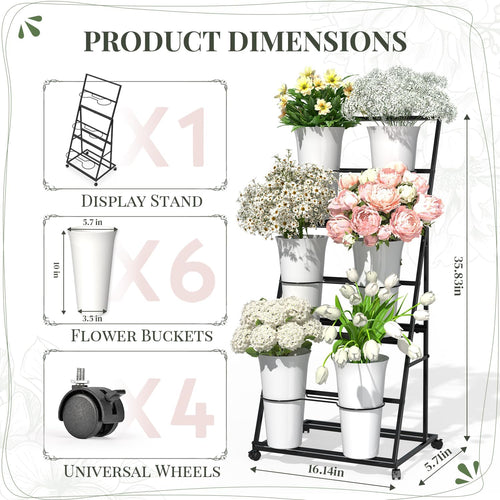 Black Three Tier Rolling Six Bucket Flower Cart