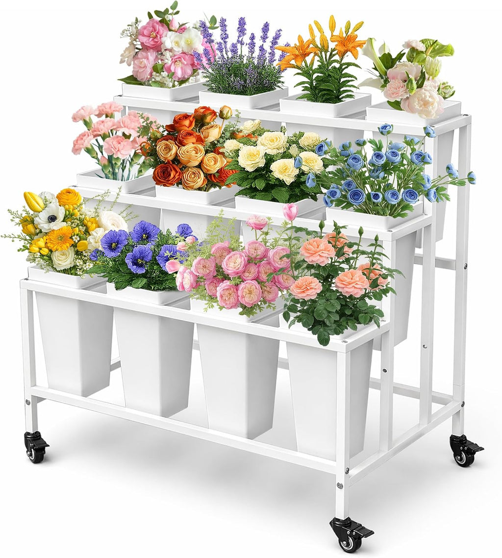 White 3-Tier Wheeled 12 Bucket Flower Cart