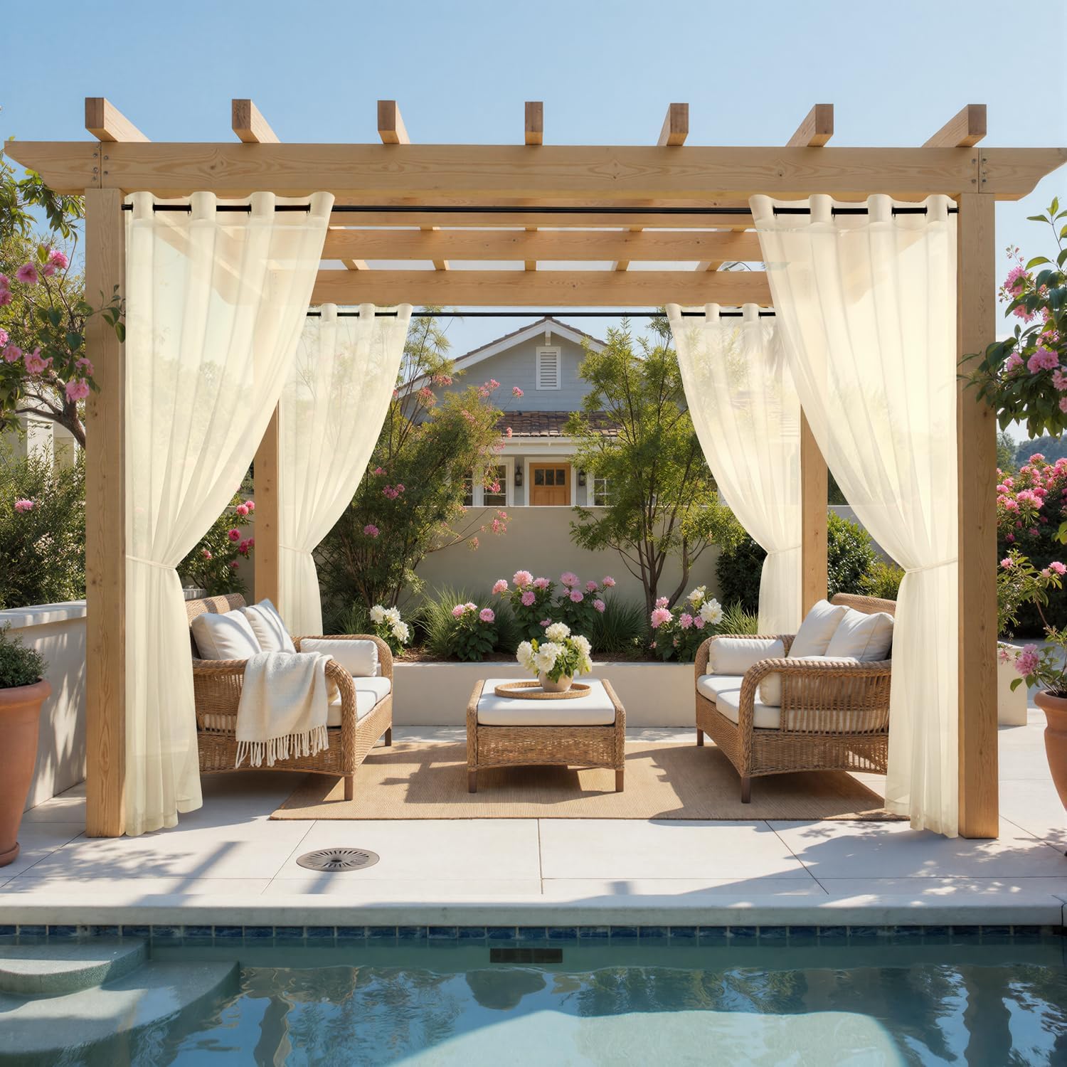 Four Beige Grommet Waterproof Outdoor Sheer Curtains