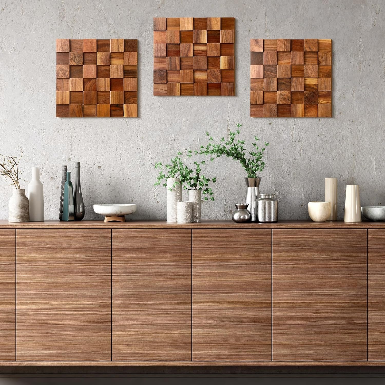 Three Pcs Mosaic Carved Rustic Wood Wall Art