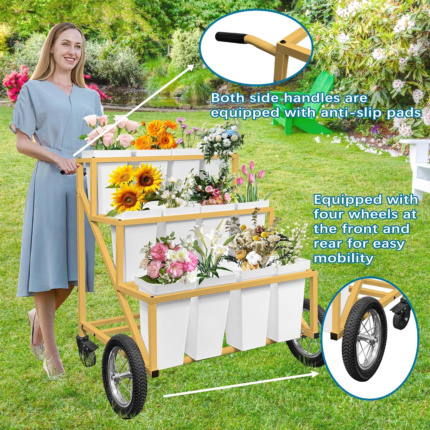 Gold Wheeled Twelve Bucket Florist Flower Cart