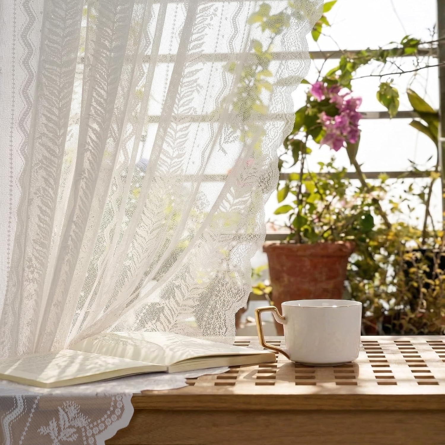 Two Panel White Lace Waterproof Outdoor Sheer Curtains