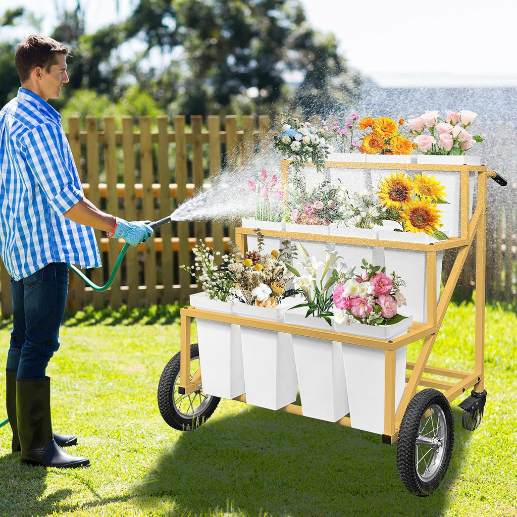Gold Wheeled Twelve Bucket Florist Flower Cart