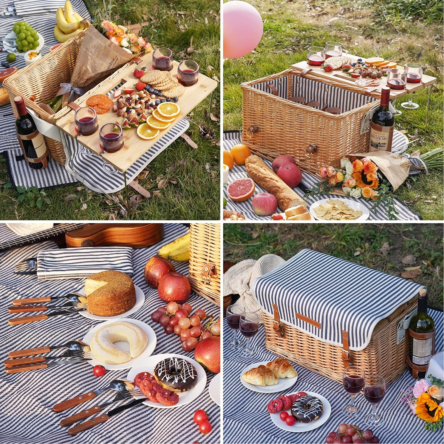 Four Person Striped Willow Picnic Basket Set