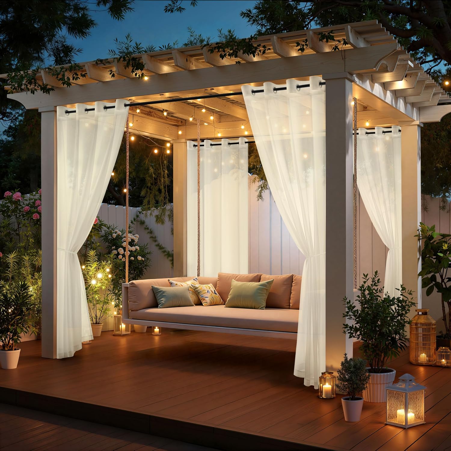 Four Beige Grommet Waterproof Outdoor Sheer Curtains