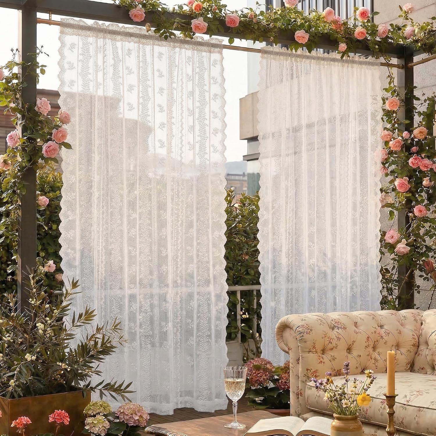 Two Panel White Lace Waterproof Outdoor Sheer Curtains