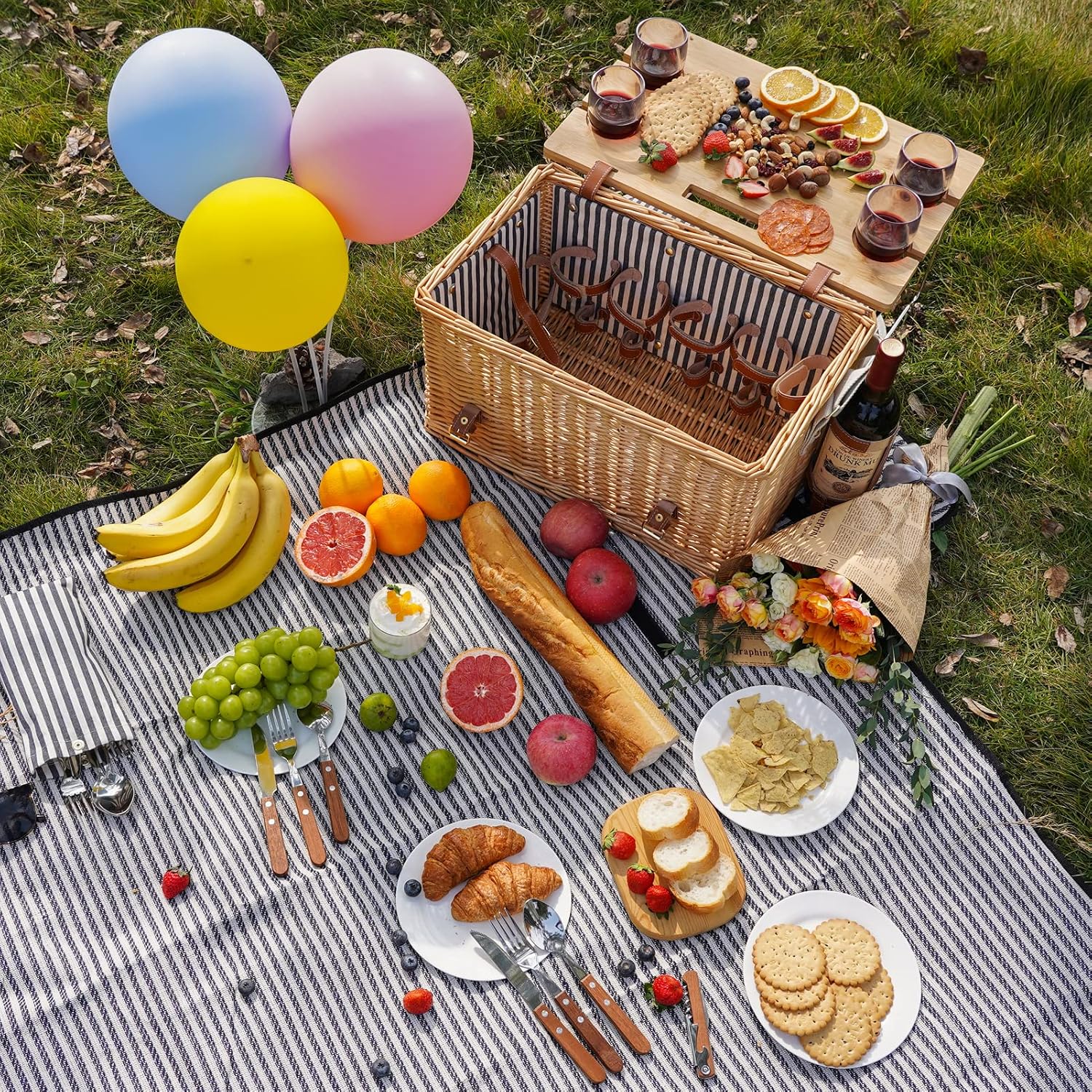 Four Person Striped Willow Picnic Basket Set